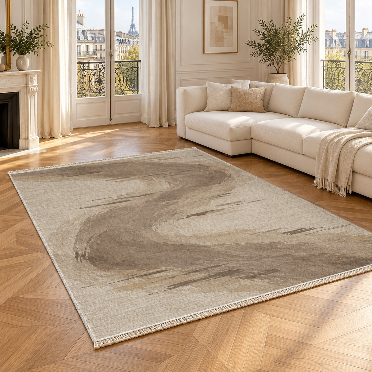 Waterline Ivory & Taupe washable rug angled room view