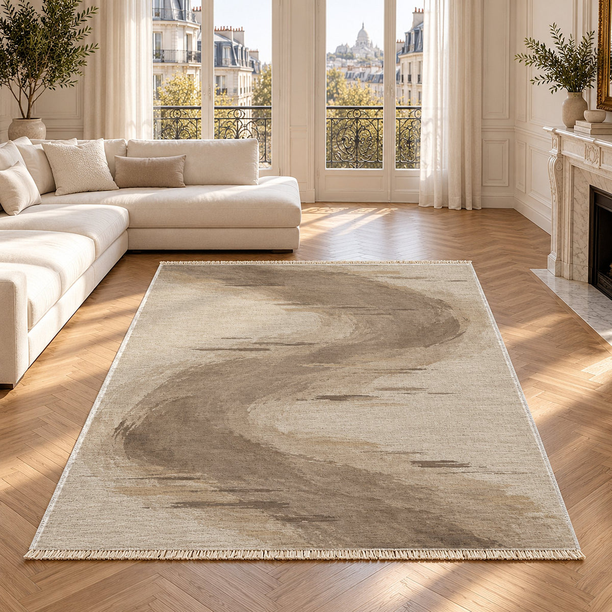 Waterline Ivory & Taupe washable rug in a Paris living room