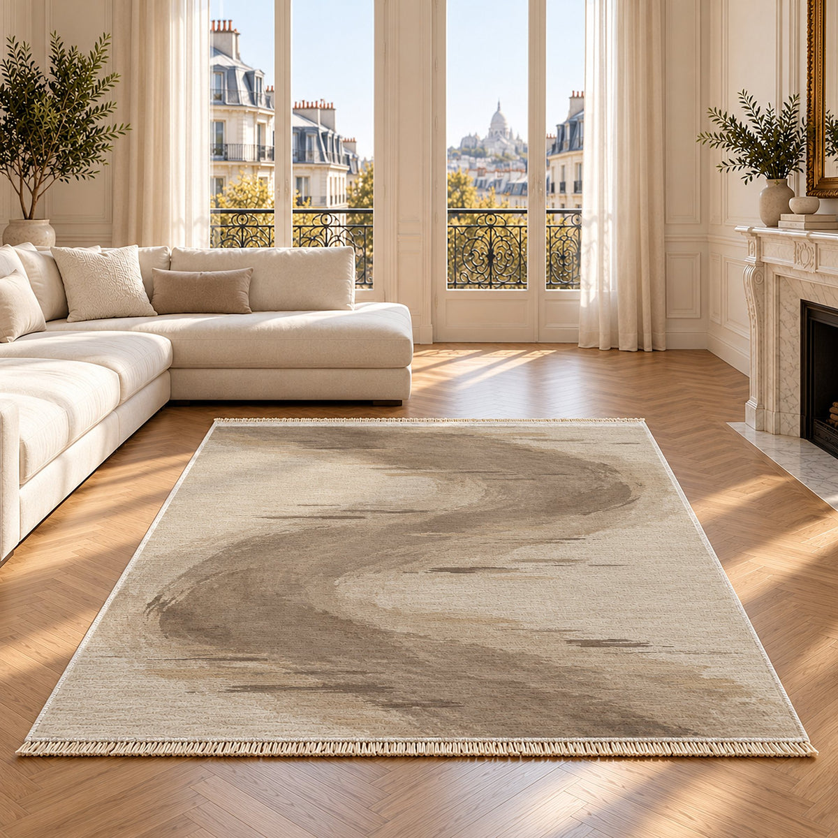 Waterline Ivory & Taupe washable rug on an oak floor