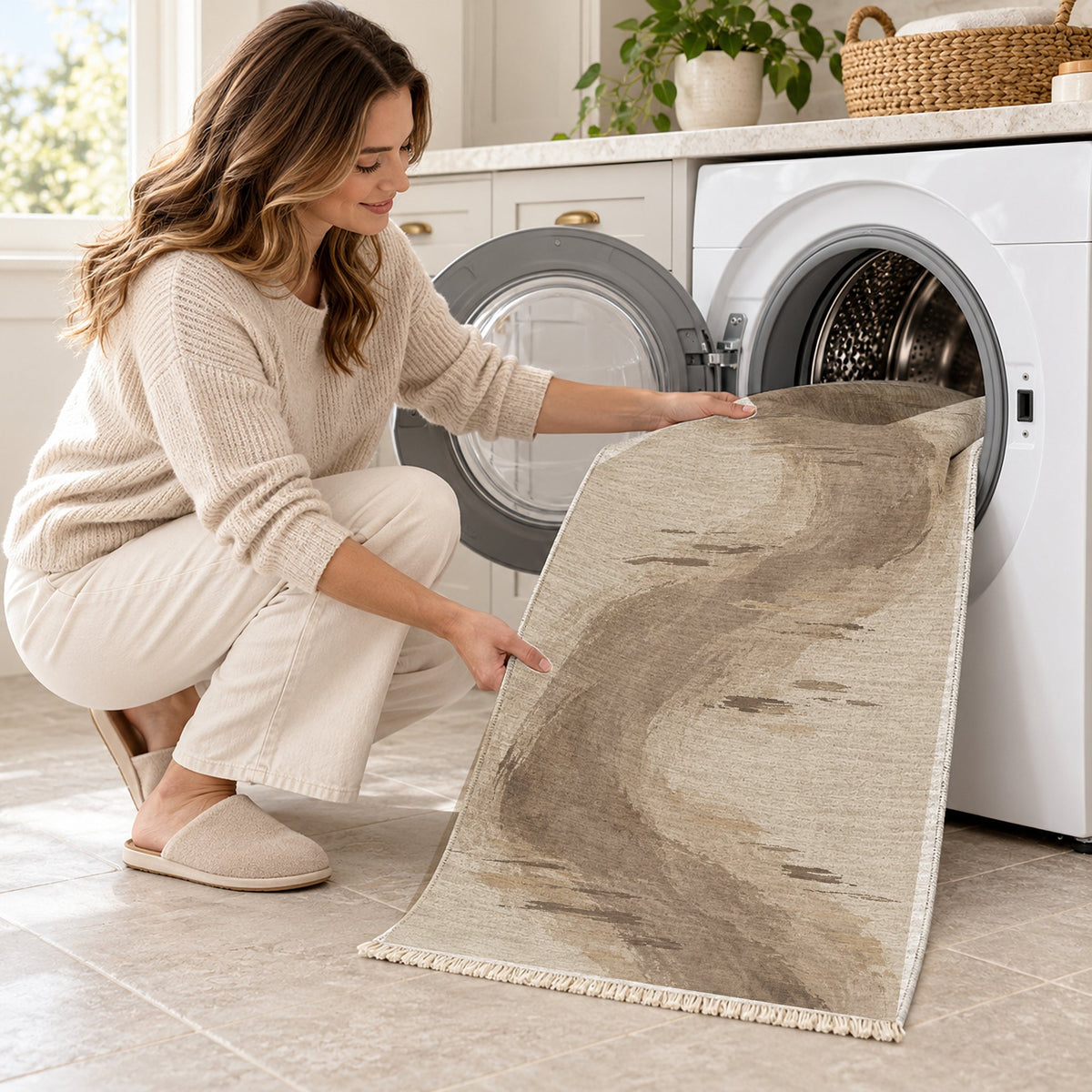 Waterline Ivory & Taupe washable rug being loaded into a washing machine