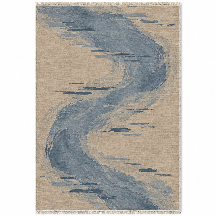 Waterline Oat & Dusty Blue Abstract Washable Rug