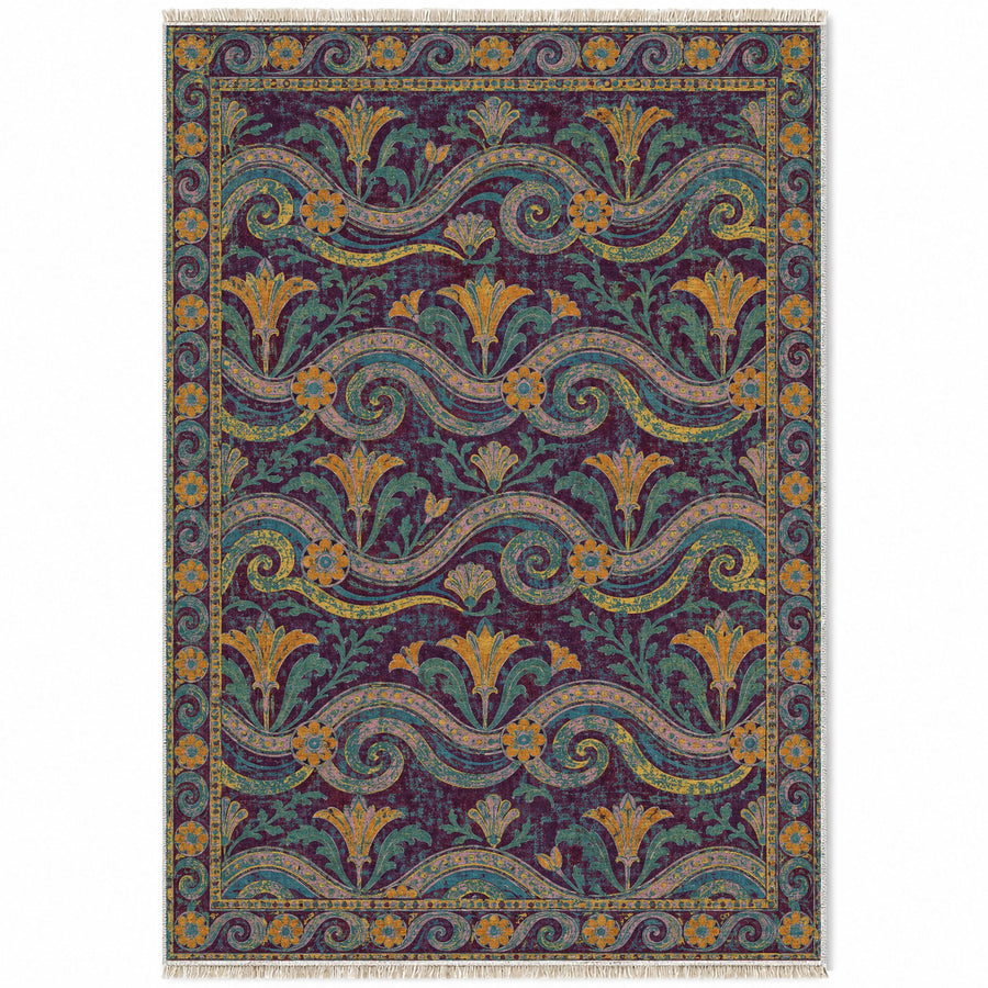 Wave Pavilion Burgundy & Teal Mediterranean Washable Rug