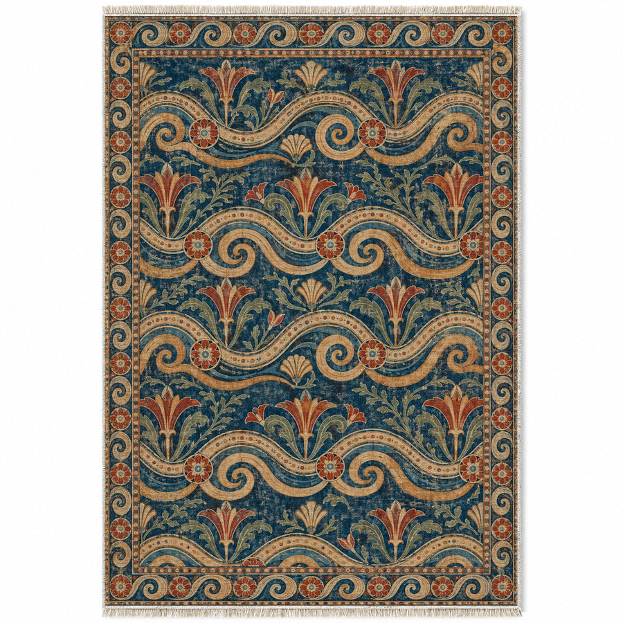 Wave Pavilion Indigo & Rust Mediterranean Washable Rug