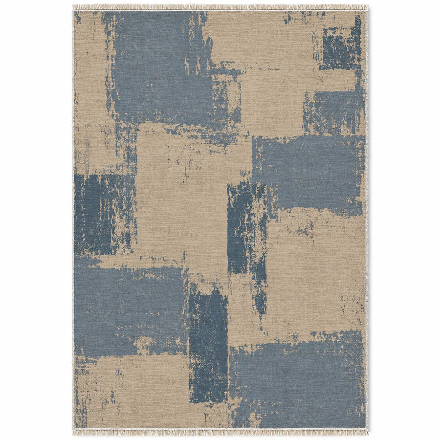Weathered Canvas Oat & Dusty Blue Abstract Washable Rug