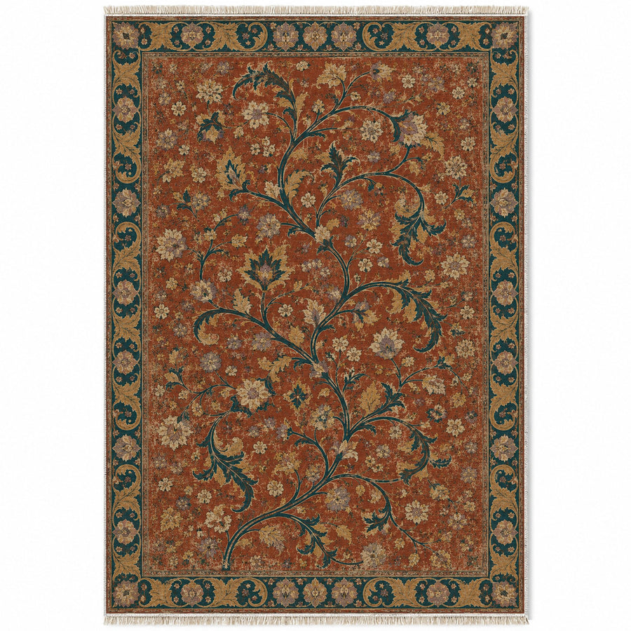 Weathered Scroll Atlas Brick & Petrol Distressed Washable Rug