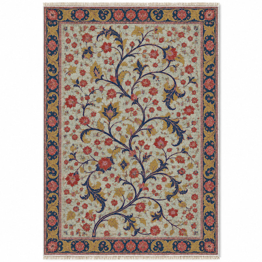 Weathered Scroll Atlas Glacier, Ink & Vermilion Distressed Washable Rug