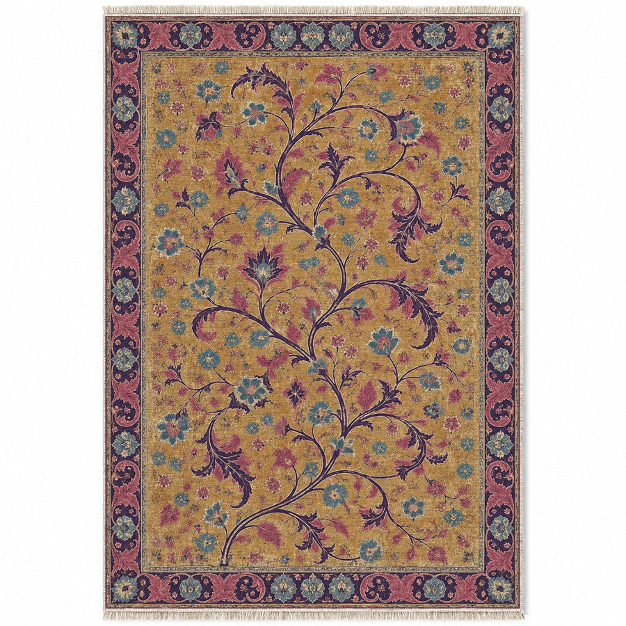 Weathered Scroll Atlas Golden, Plum & Azure Distressed Washable Rug