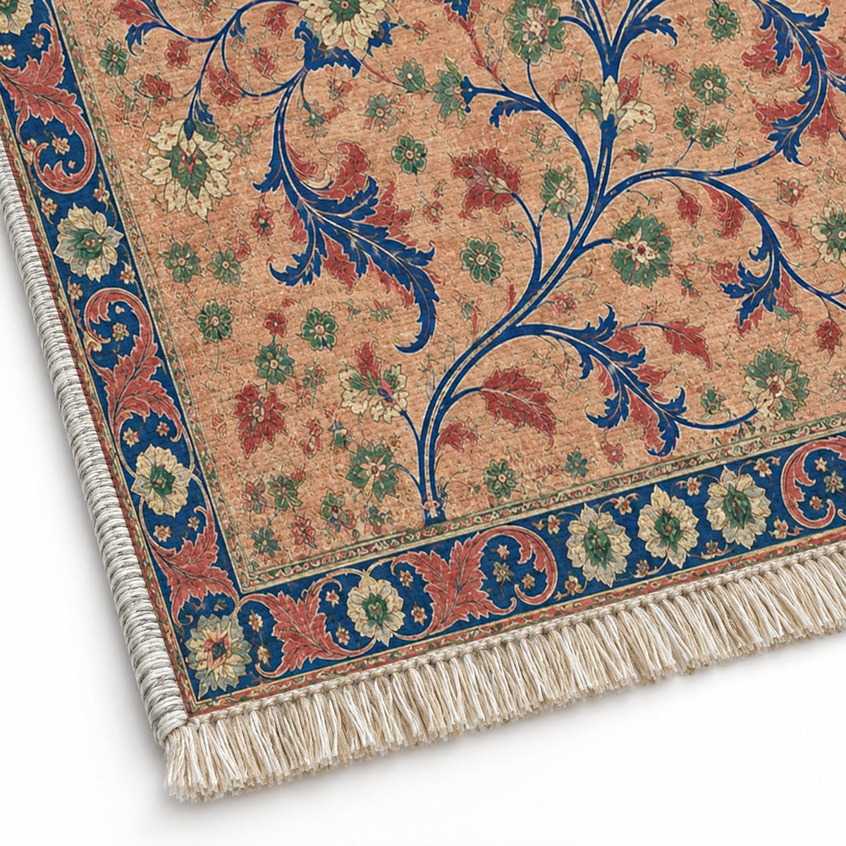 Weathered Scroll Atlas Peach, Cobalt & Jade washable rug close-up of the printed chenille