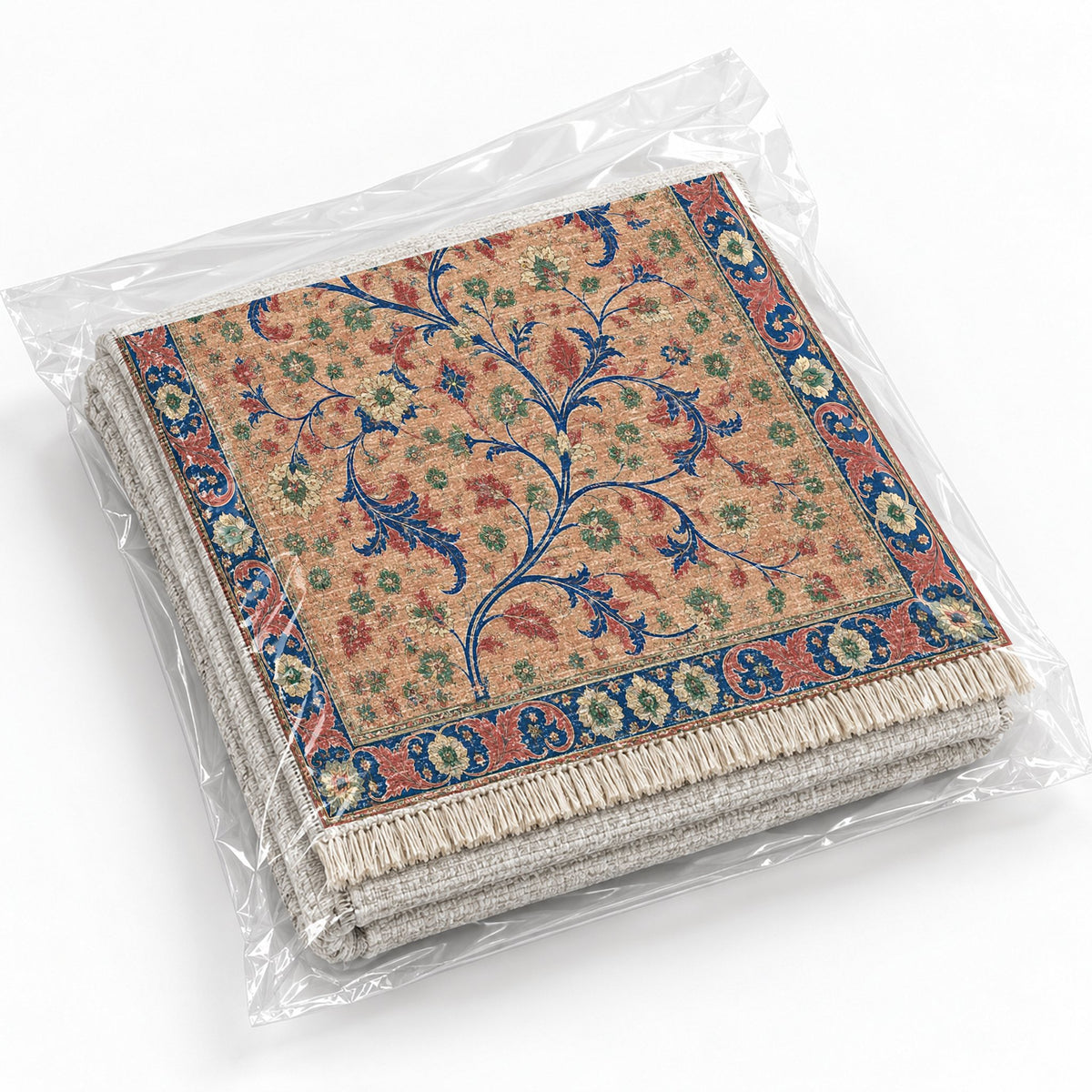 Weathered Scroll Atlas Peach, Cobalt & Jade washable rug rolled and packaged