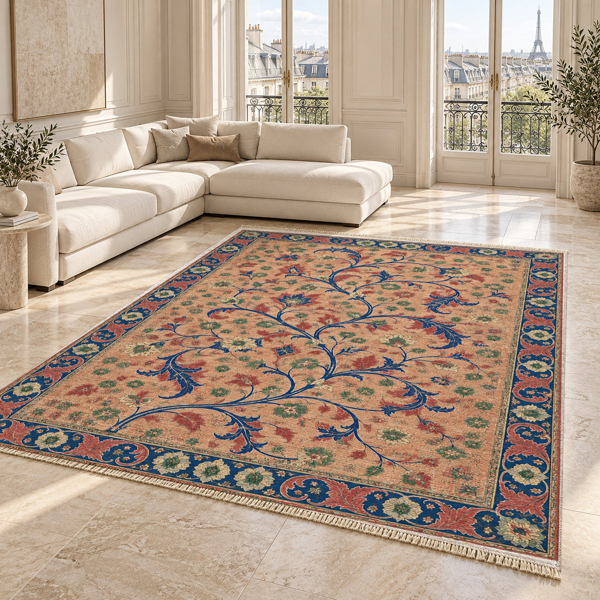 Weathered Scroll Atlas Peach, Cobalt & Jade washable rug angled room view on marble