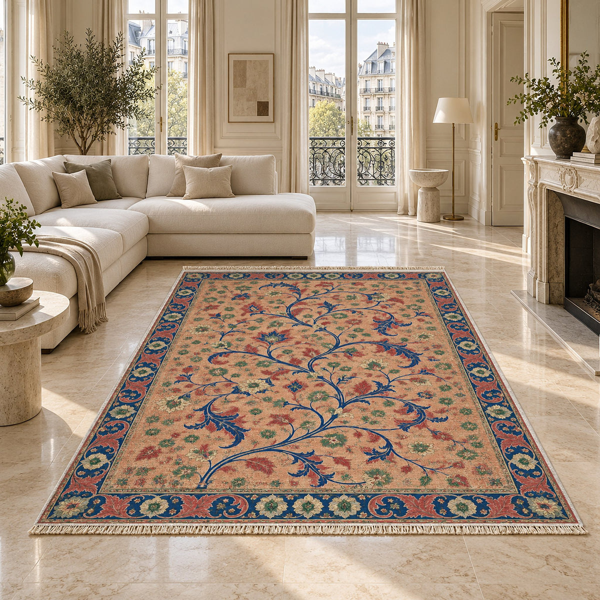 Weathered Scroll Atlas Peach, Cobalt & Jade washable rug on a marble floor
