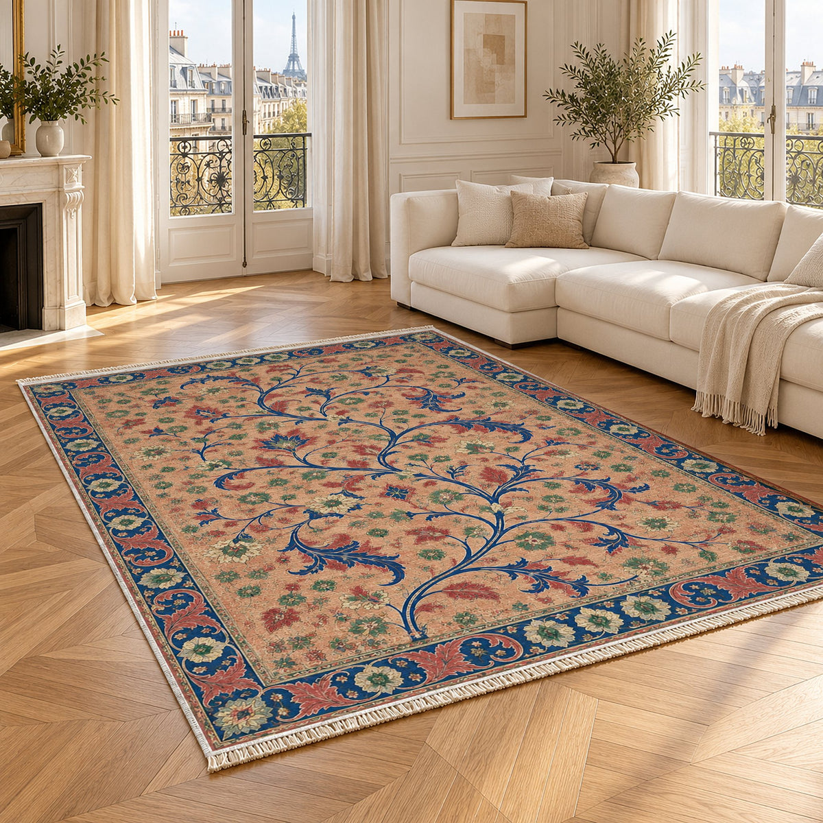 Weathered Scroll Atlas Peach, Cobalt & Jade washable rug angled room view