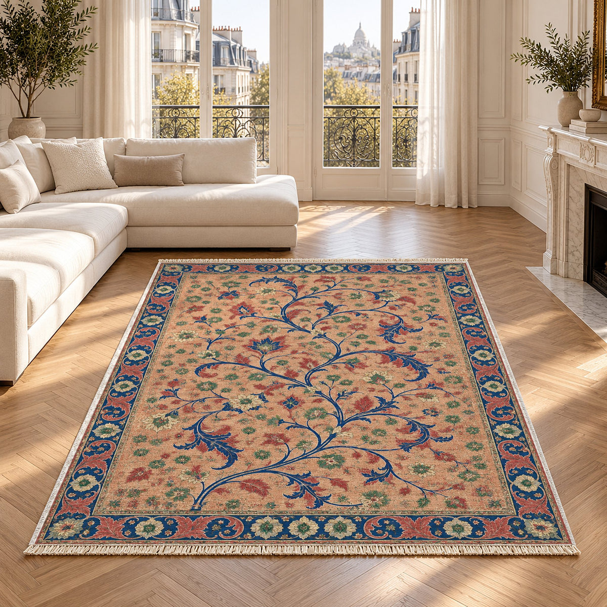 Weathered Scroll Atlas Peach, Cobalt & Jade washable rug in a Paris living room