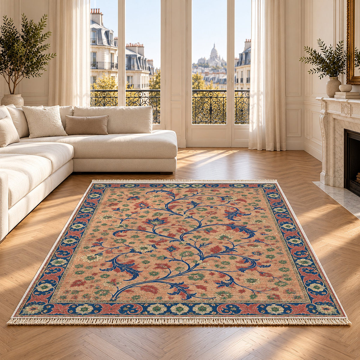Weathered Scroll Atlas Peach, Cobalt & Jade washable rug on an oak floor