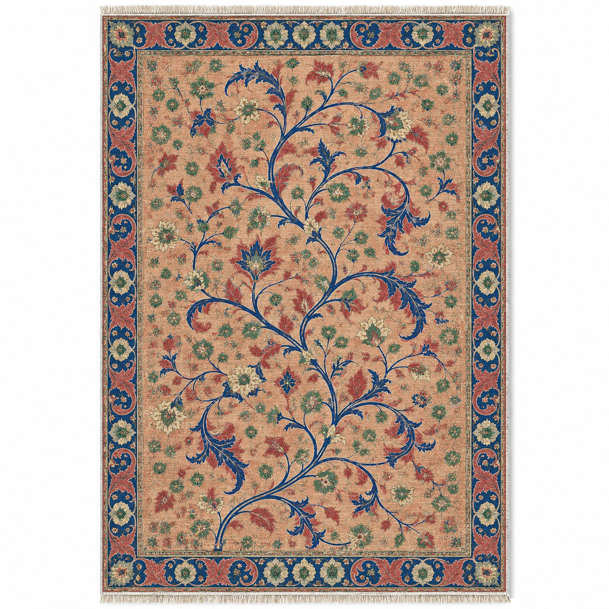 Weathered Scroll Atlas Peach, Cobalt & Jade washable rug top view