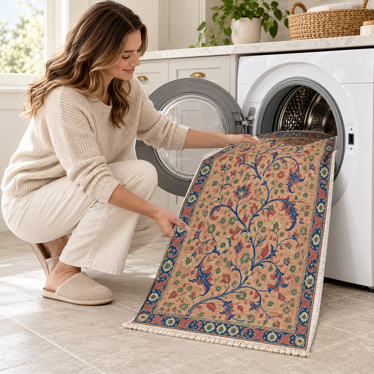 Weathered Scroll Atlas Peach, Cobalt & Jade washable rug being loaded into a washing machine