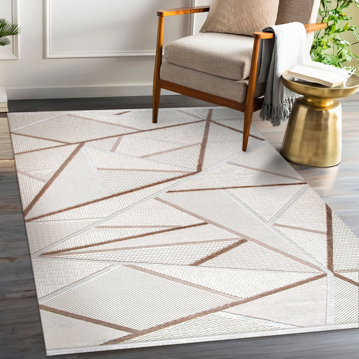 White & Copper Abstract Line Area Rug in a living room