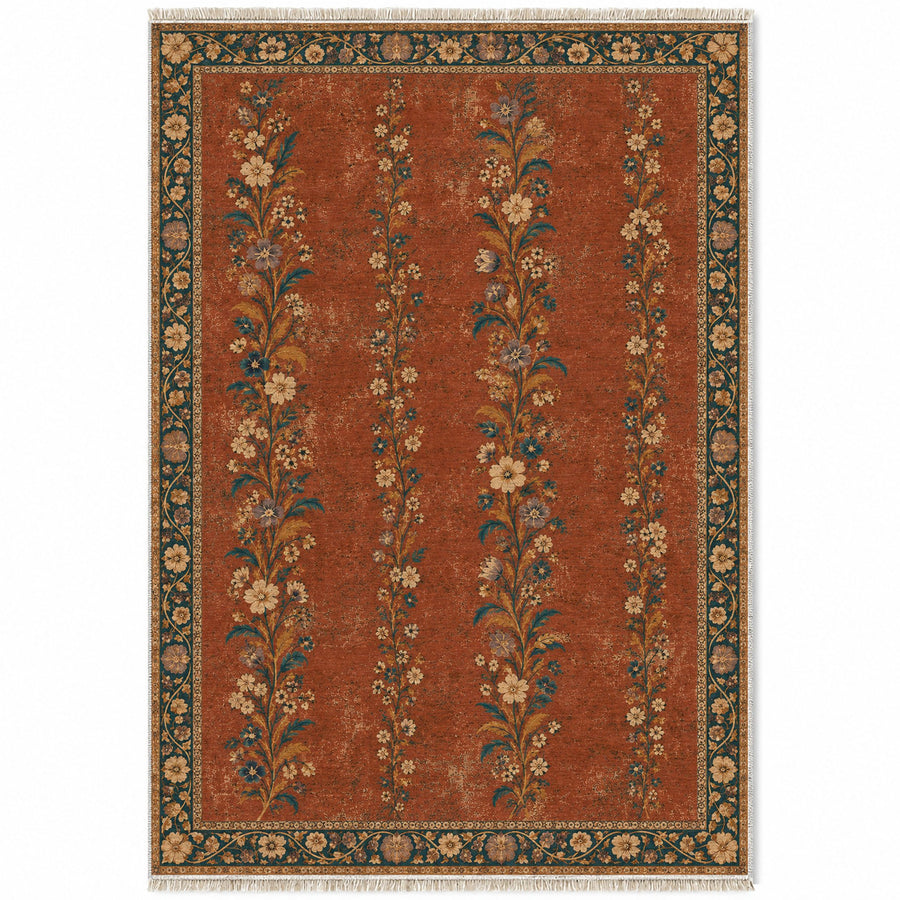 Wildflower Ribbons Brick & Petrol Distressed Washable Rug