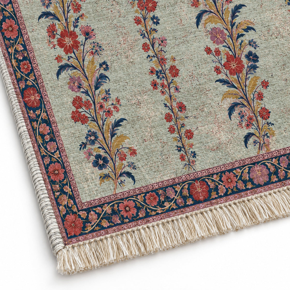 Wildflower Ribbons Glacier, Ink & Vermilion washable rug close-up of the printed chenille