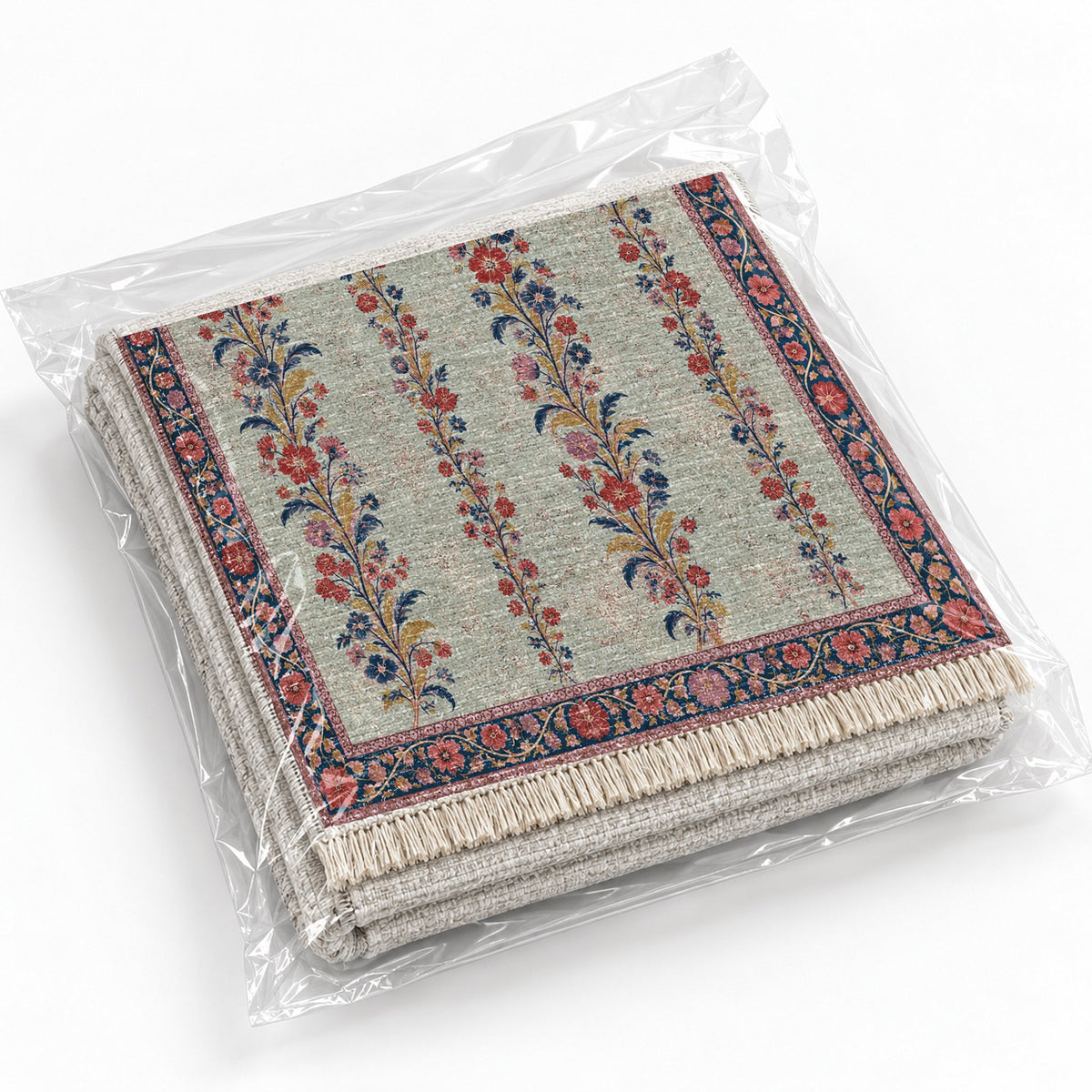 Wildflower Ribbons Glacier, Ink & Vermilion washable rug rolled and packaged