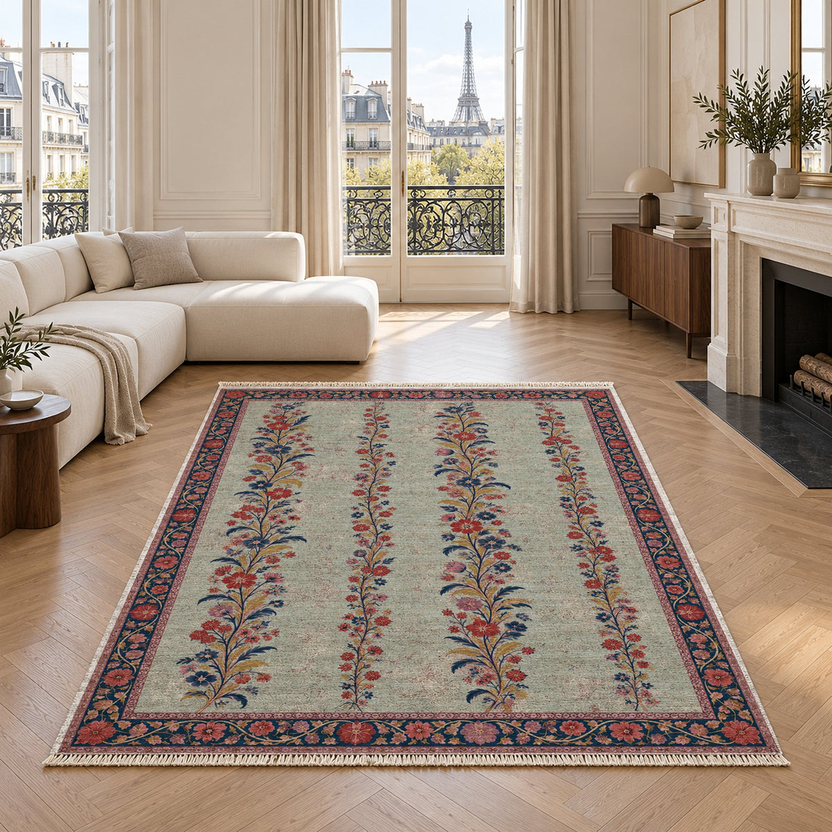 Wildflower Ribbons Glacier, Ink & Vermilion washable rug in a living room with an Eiffel Tower view