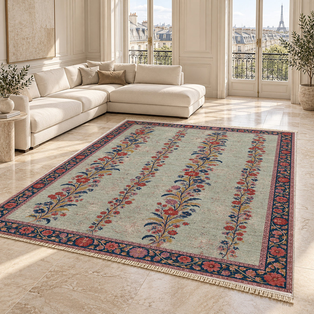 Wildflower Ribbons Glacier, Ink & Vermilion washable rug angled room view on marble