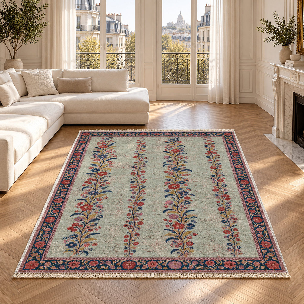 Wildflower Ribbons Glacier, Ink & Vermilion washable rug in a Paris living room