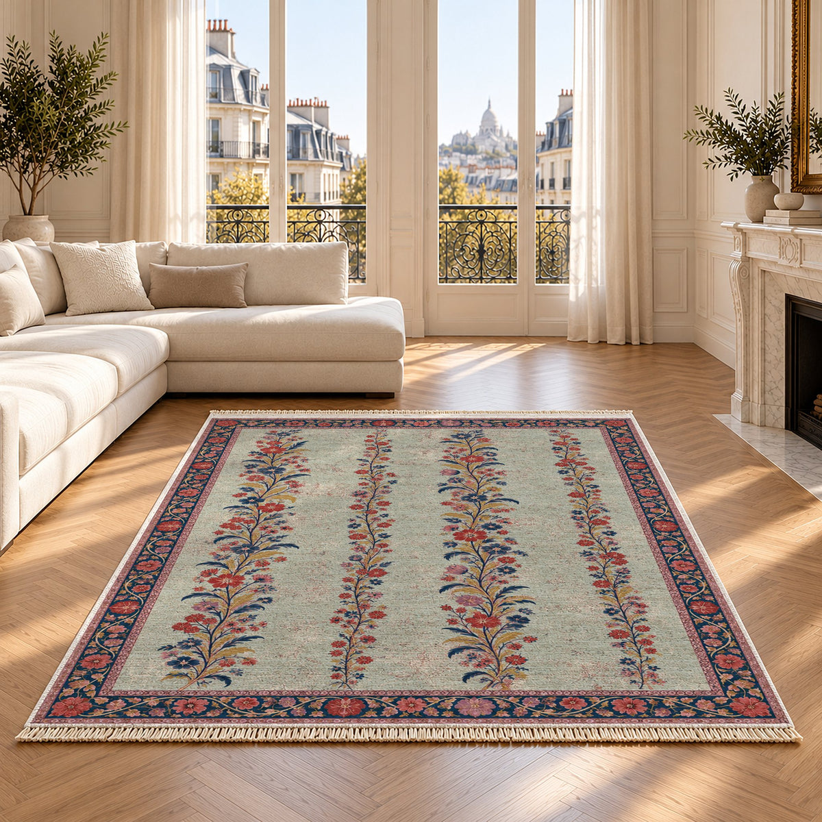 Wildflower Ribbons Glacier, Ink & Vermilion washable rug on an oak floor