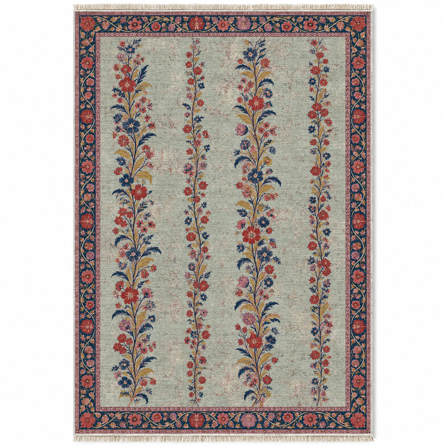 Wildflower Ribbons Glacier, Ink & Vermilion Distressed Washable Rug