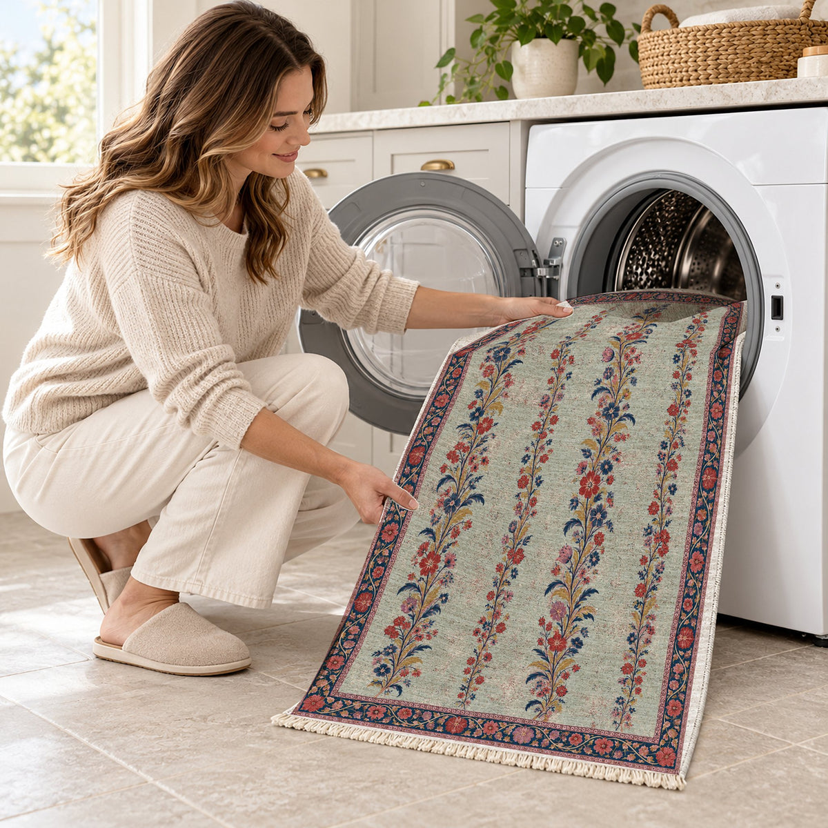 Wildflower Ribbons Glacier, Ink & Vermilion washable rug being loaded into a washing machine