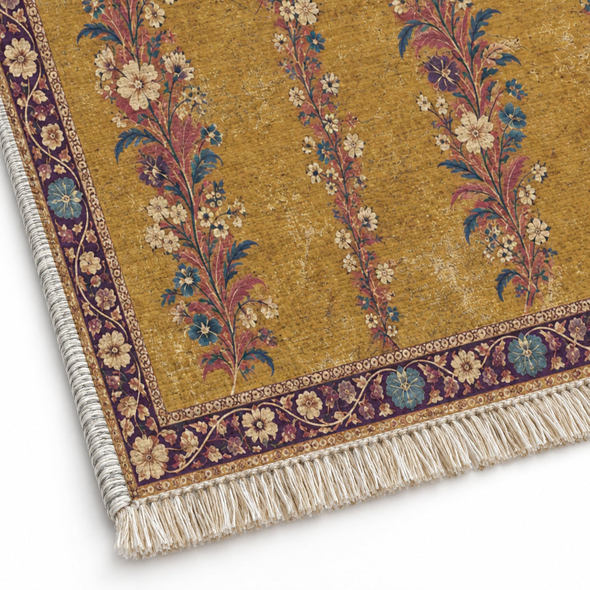 Wildflower Ribbons Golden, Plum & Azure washable rug close-up of the printed chenille