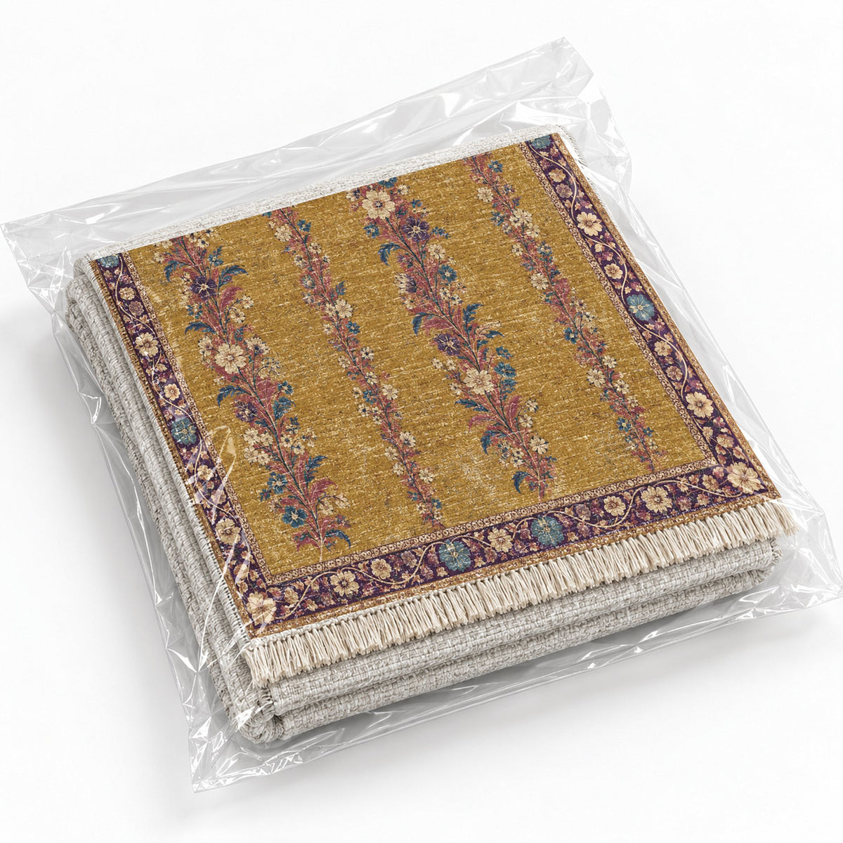 Wildflower Ribbons Golden, Plum & Azure washable rug rolled and packaged
