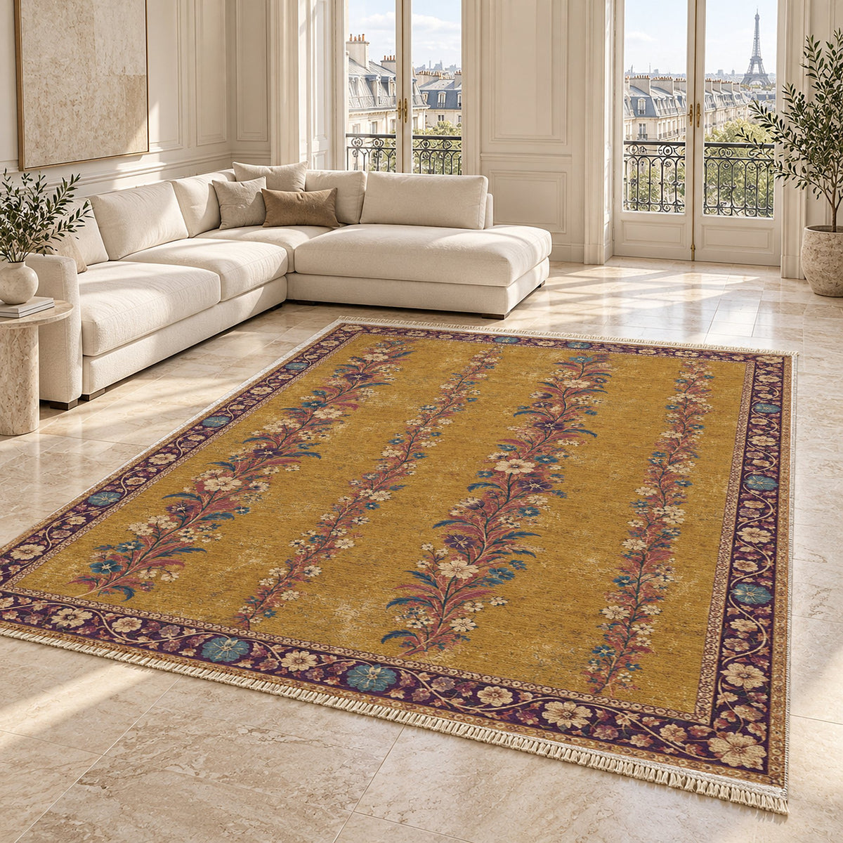 Wildflower Ribbons Golden, Plum & Azure washable rug angled room view on marble
