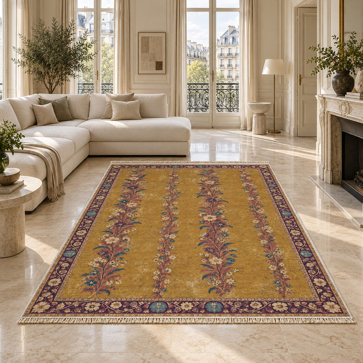 Wildflower Ribbons Golden, Plum & Azure washable rug on a marble floor