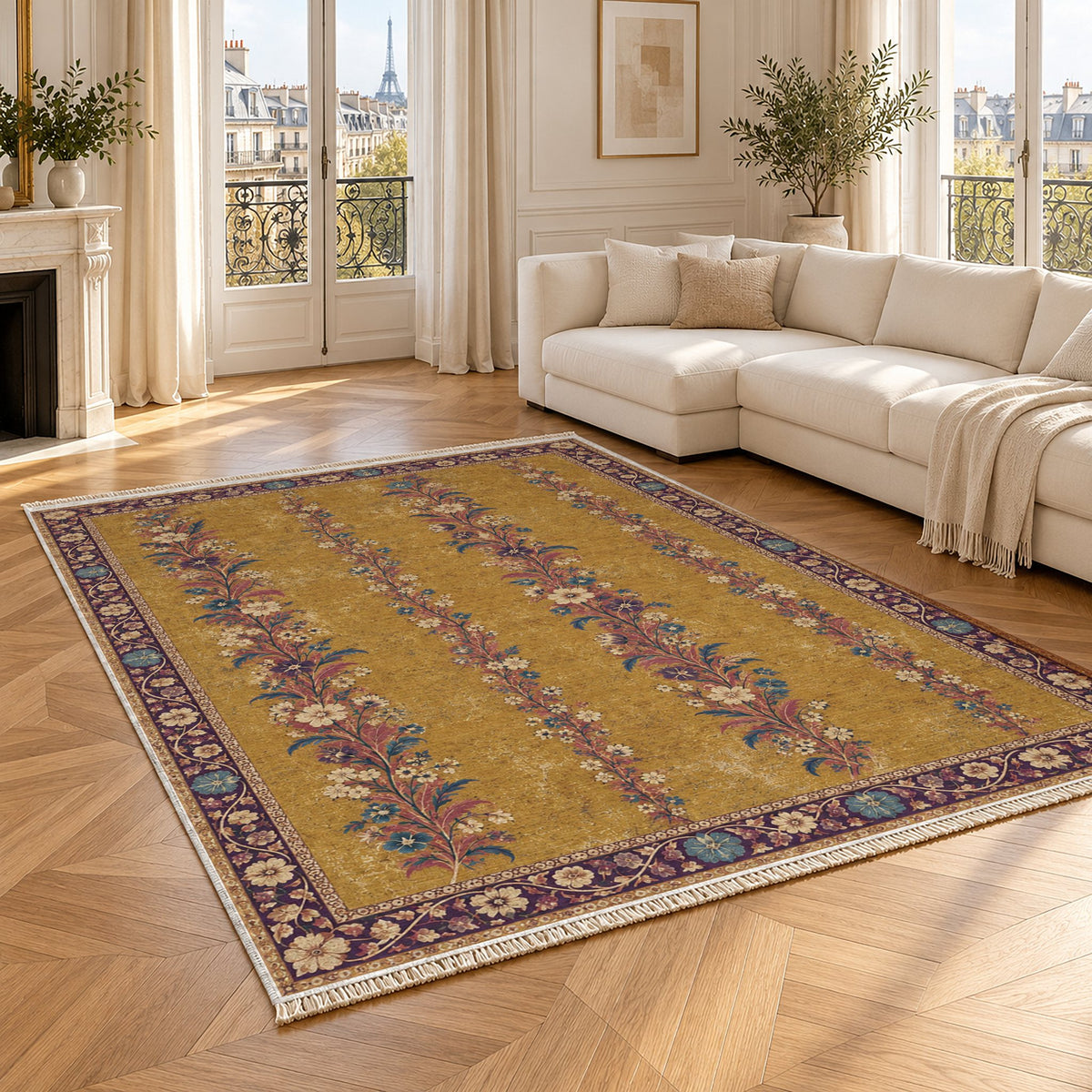 Wildflower Ribbons Golden, Plum & Azure washable rug angled room view