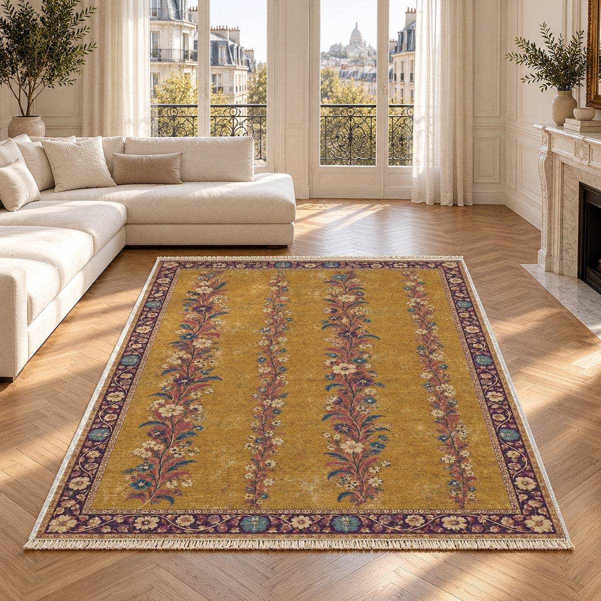Wildflower Ribbons Golden, Plum & Azure washable rug in a Paris living room