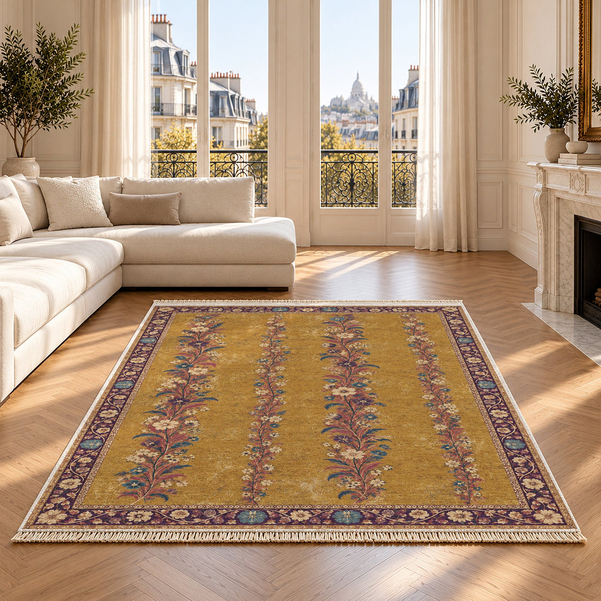 Wildflower Ribbons Golden, Plum & Azure washable rug on an oak floor