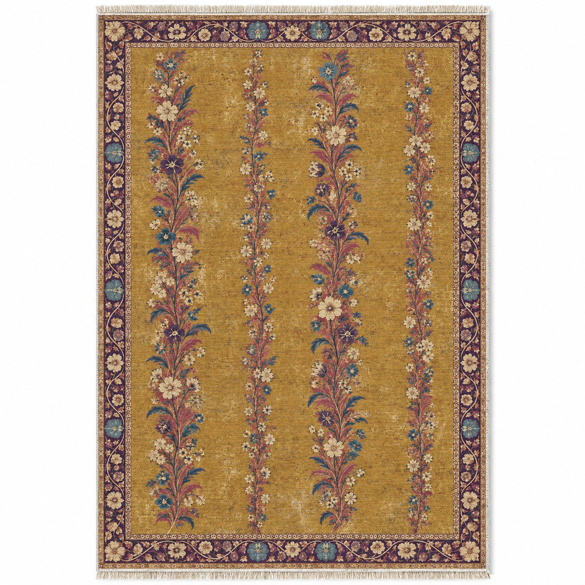 Wildflower Ribbons Golden, Plum & Azure washable rug top view