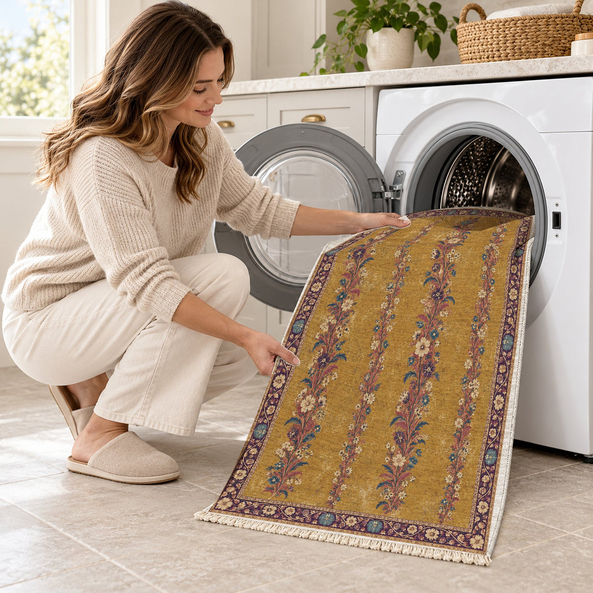 Wildflower Ribbons Golden, Plum & Azure washable rug being loaded into a washing machine