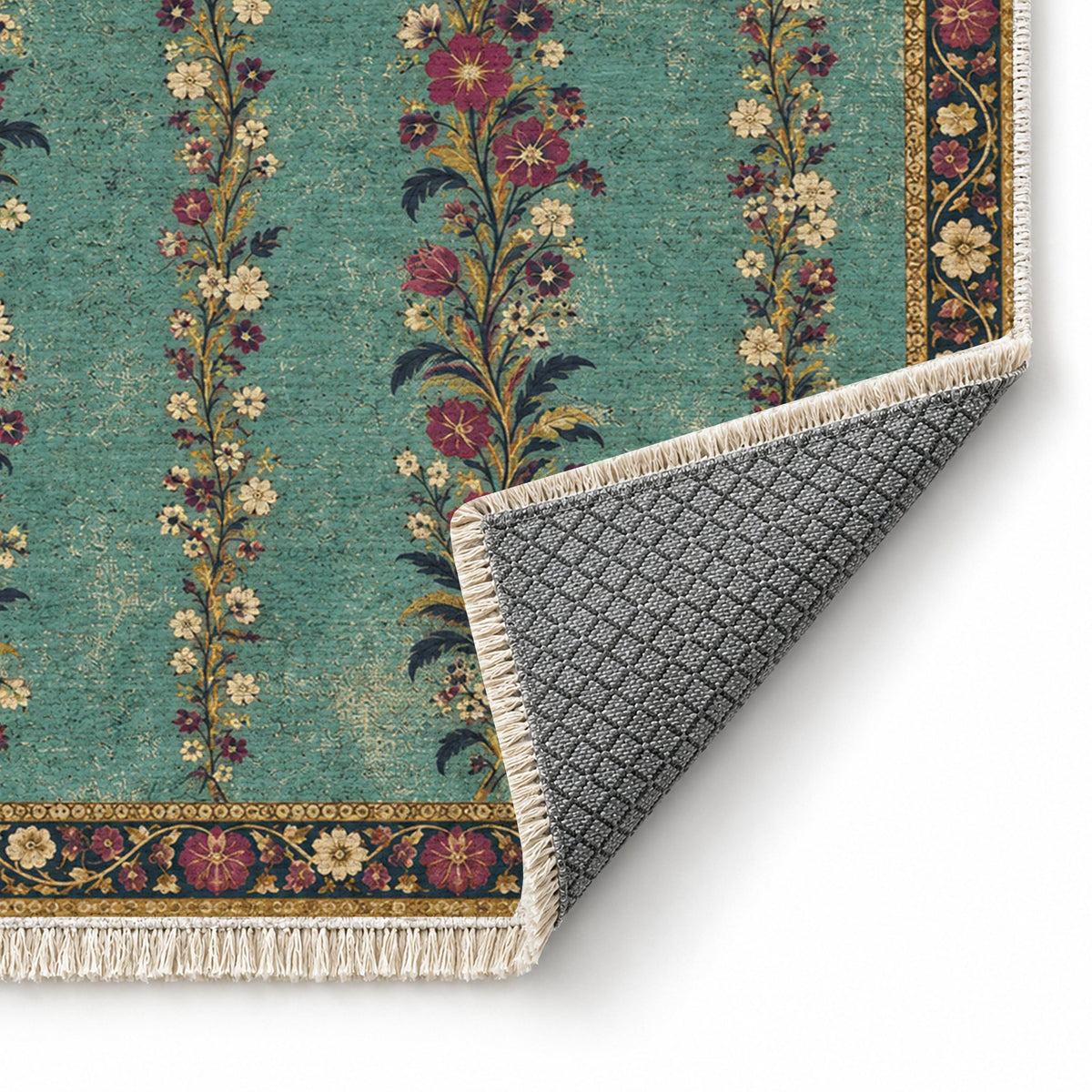 Wildflower Ribbons Lagoon & Berry washable rug folded corner showing the backing