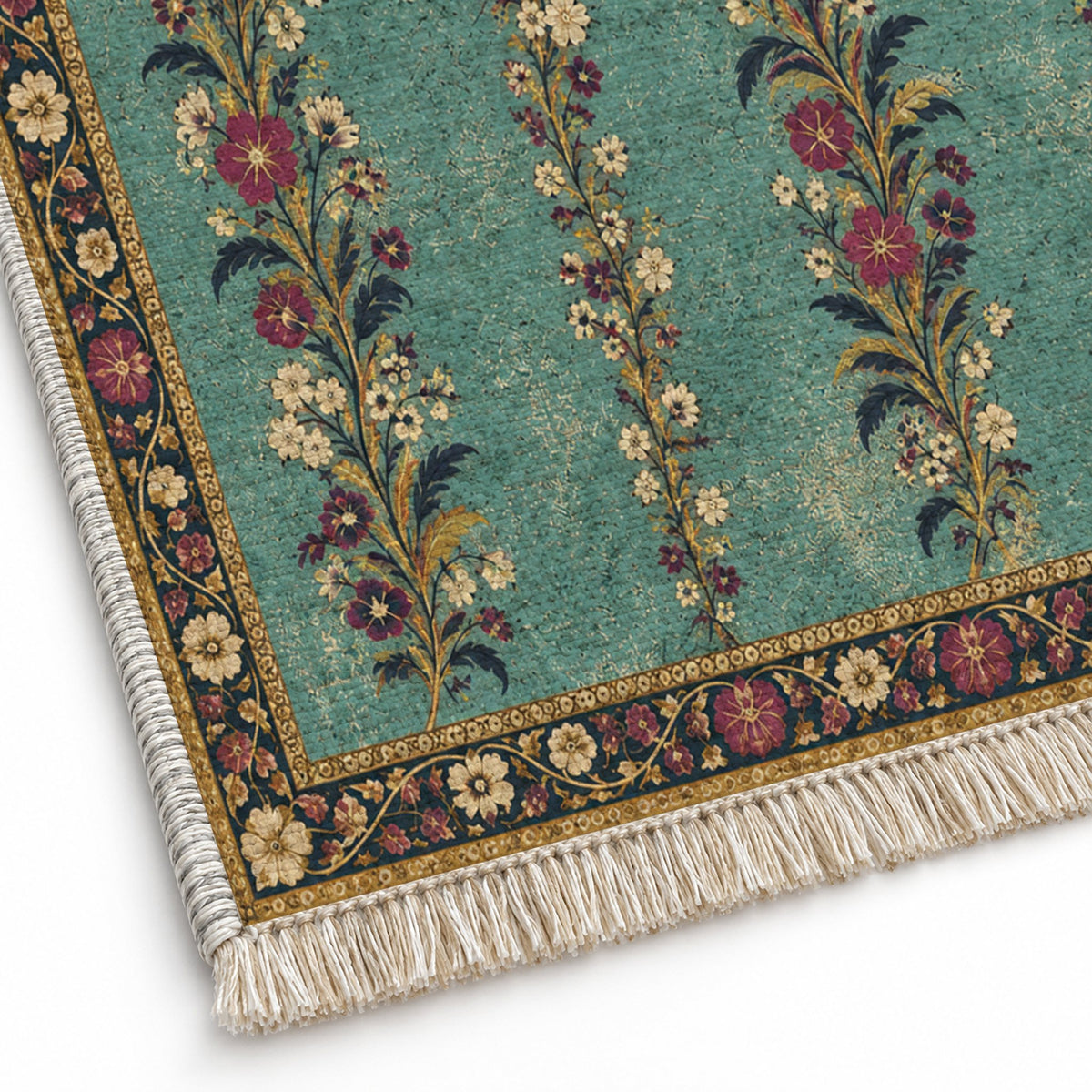 Wildflower Ribbons Lagoon & Berry washable rug close-up of the printed chenille