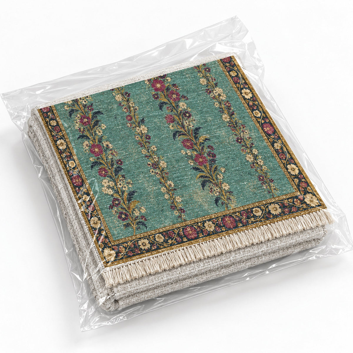 Wildflower Ribbons Lagoon & Berry washable rug rolled and packaged