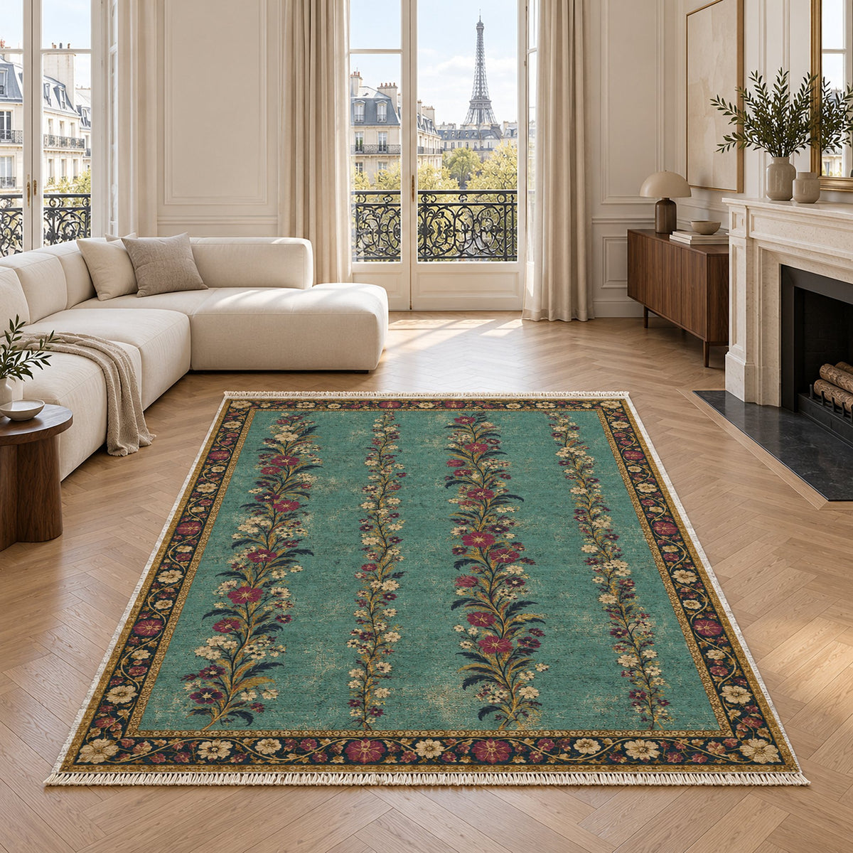 Wildflower Ribbons Lagoon & Berry washable rug in a living room with an Eiffel Tower view