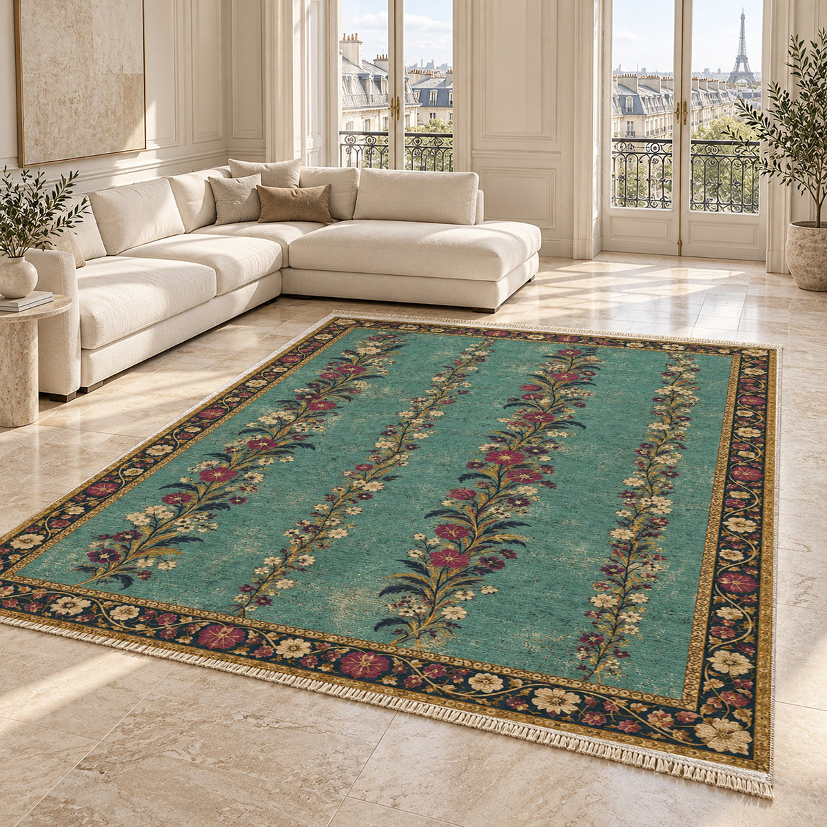 Wildflower Ribbons Lagoon & Berry washable rug angled room view on marble