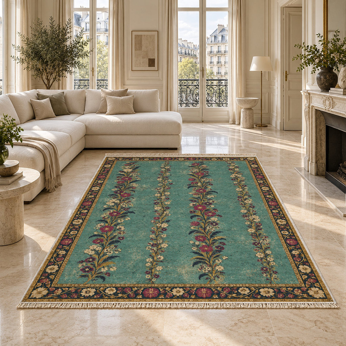 Wildflower Ribbons Lagoon & Berry washable rug on a marble floor