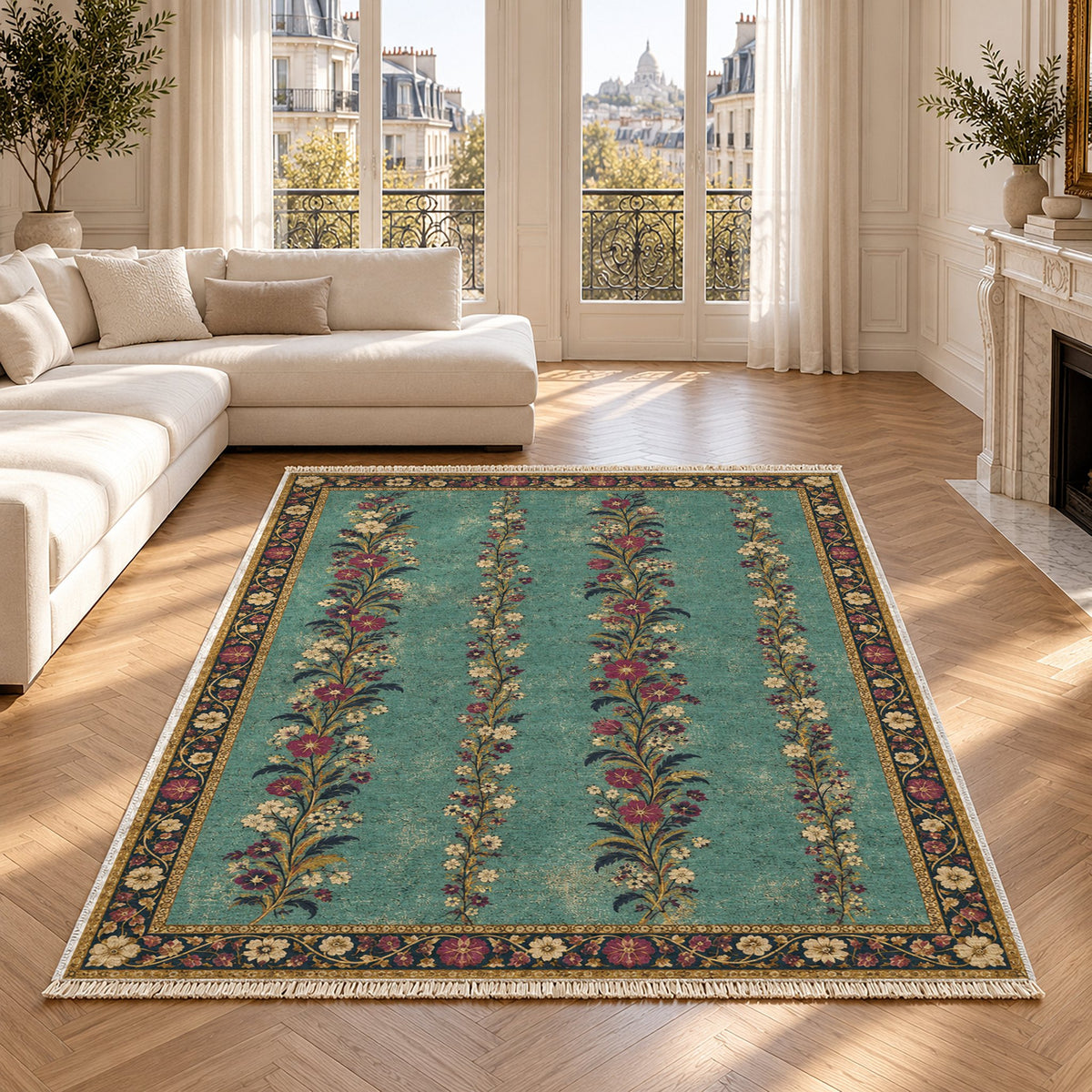 Wildflower Ribbons Lagoon & Berry washable rug in a Paris living room