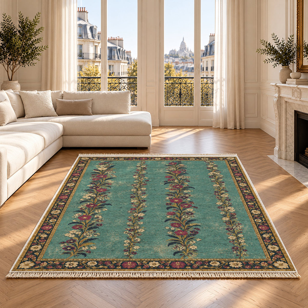 Wildflower Ribbons Lagoon & Berry washable rug on an oak floor