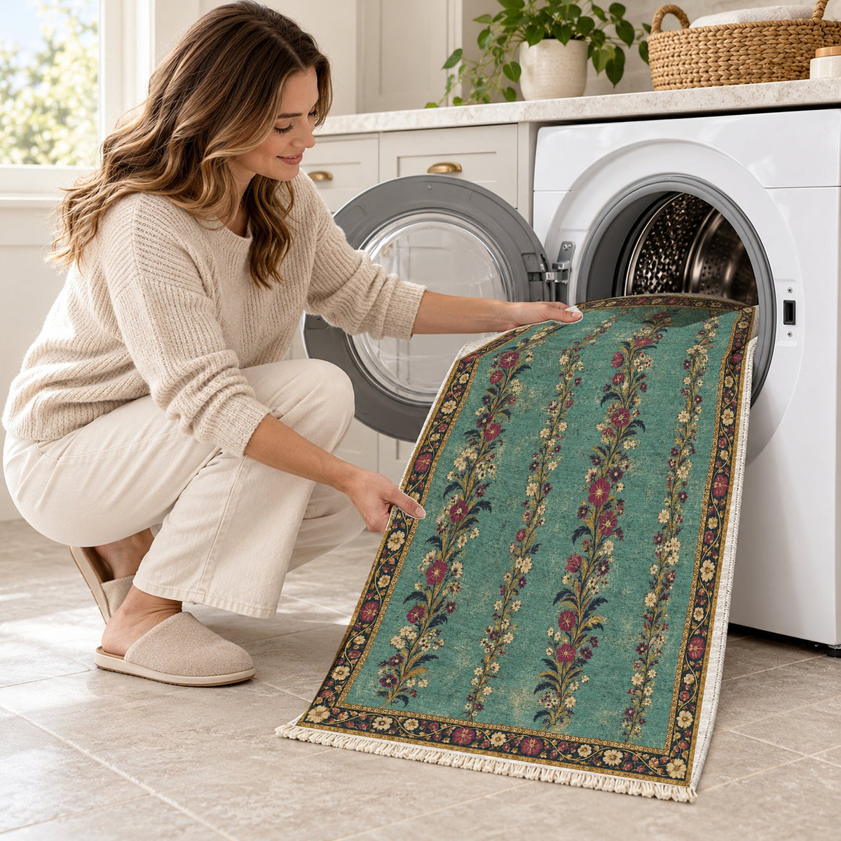 Wildflower Ribbons Lagoon & Berry washable rug being loaded into a washing machine