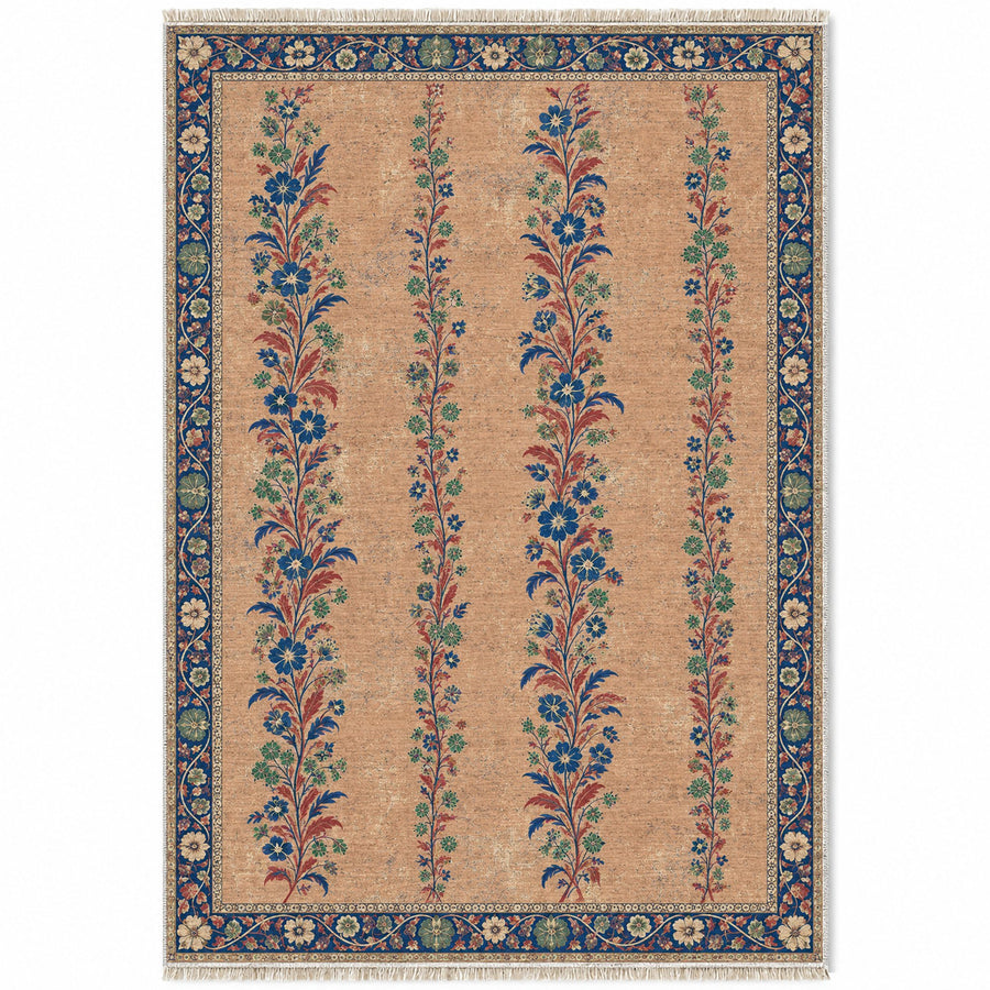 Wildflower Ribbons Peach, Cobalt & Jade Distressed Washable Rug