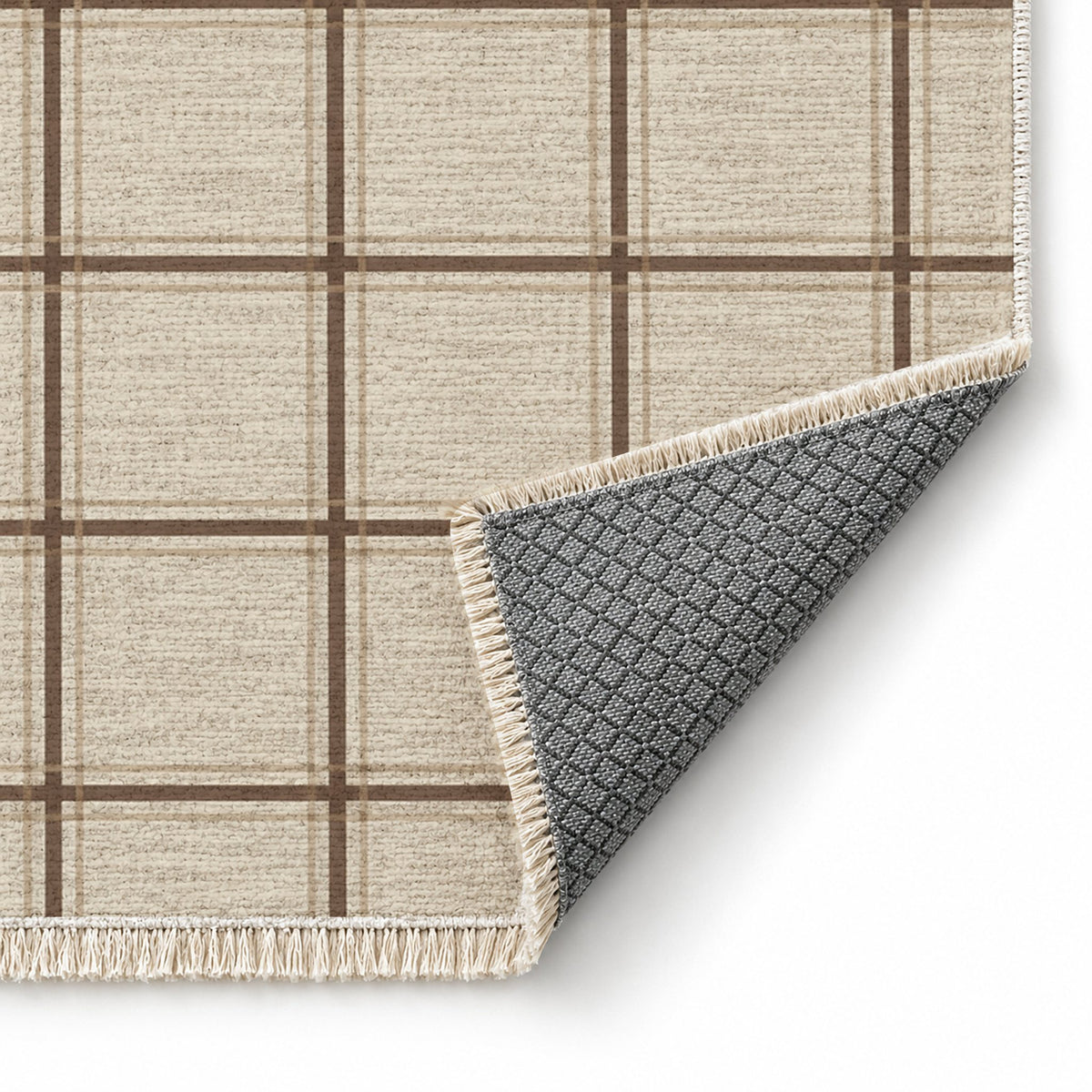 Window Check Ivory & Cocoa washable rug folded corner showing the backing